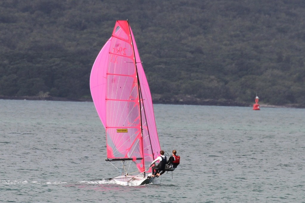 Women sailors get keen - twin wiring in the 29erXX on the shortest day of the year off Takapuna  © Richard Gladwell www.photosport.co.nz